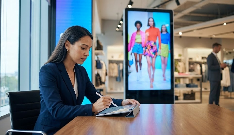 Mulher de negócios sentada à mesa, a usar um tablet com stylus num escritório moderno. Ao fundo, um grande ecrã digital vertical exibe publicidade de moda.