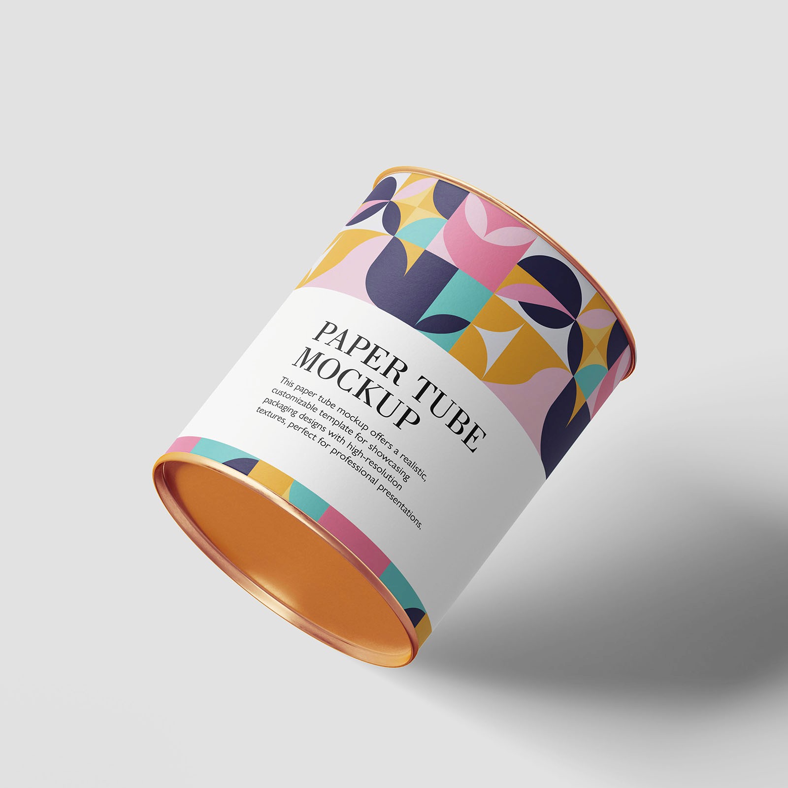 This PSD mockup presents a paper tube with a sleek metal lid and bottom, providing a realistic and professional look for your packaging designs. With easy-to-use, customizable layers, you can effortlessly tailor the mockup to reflect your branding and product requirements. Ideal for showcasing design concepts in presentations or enhancing your portfolio, this template ensures your packaging stands out with modern elegance and sophistication.