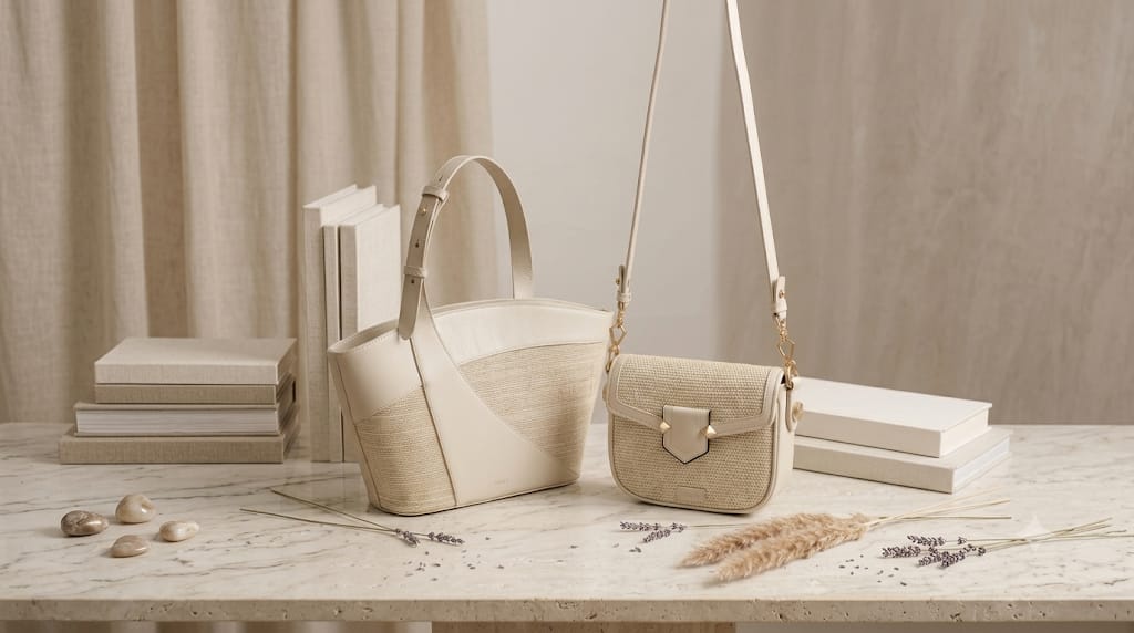 Cream leather and woven handbag collection