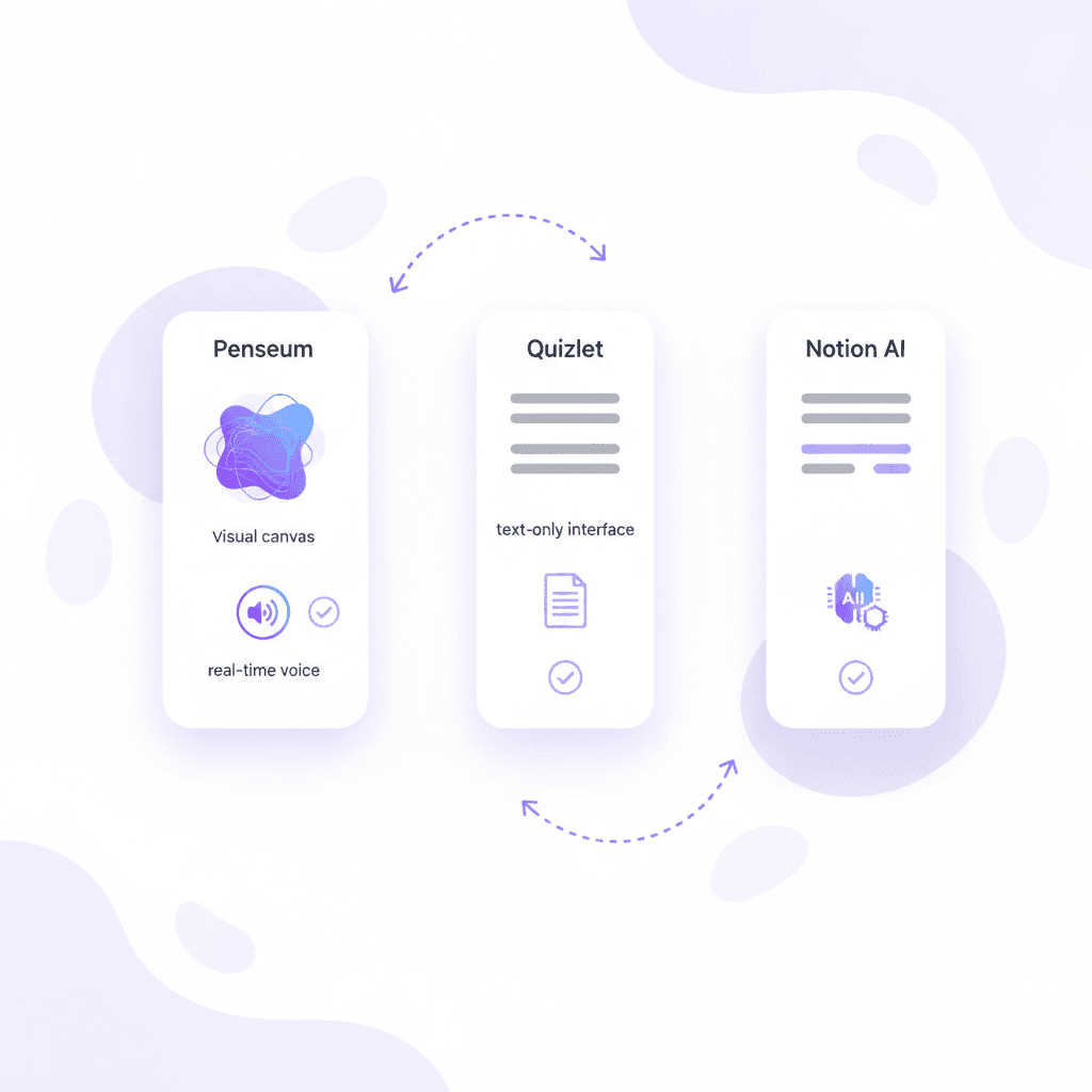 Feature comparison chart showing Penseum advantages over Quizlet and Notion AI
