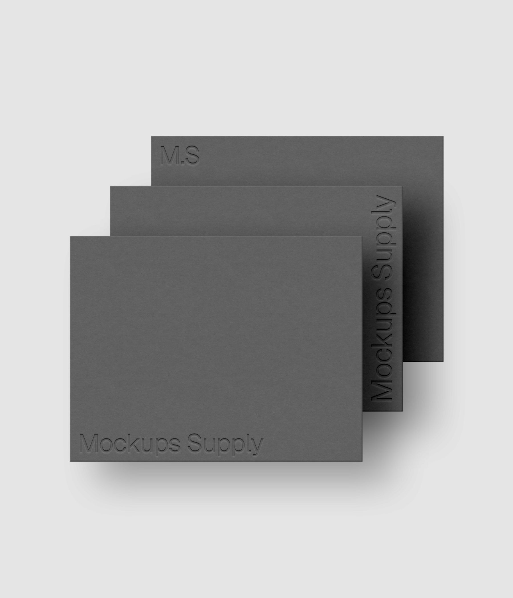 Three US Letter paper mockup PSD landscape with debossed logo effect, gray papers on white background, clean modern stationery mockup for print and branding