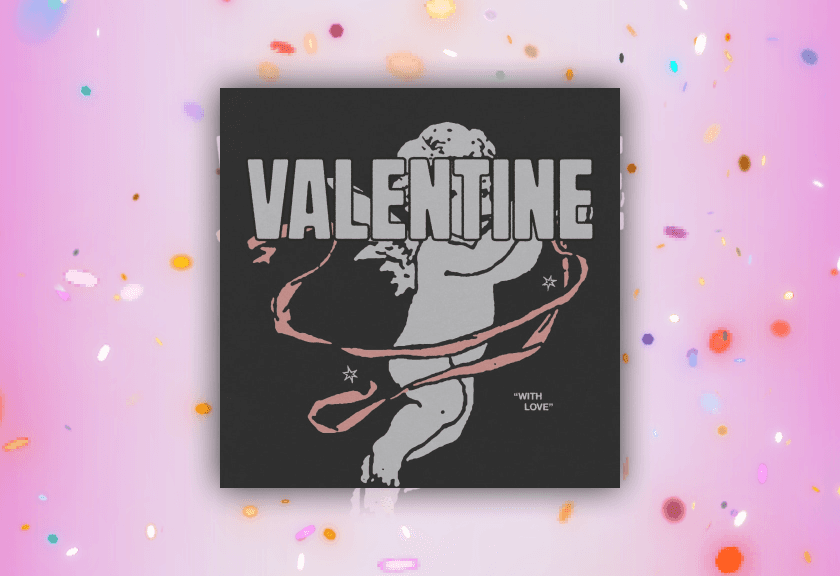 Artistic Galentine's Day poster featuring a grayscale Cupid illustration with modern pink and white accents.