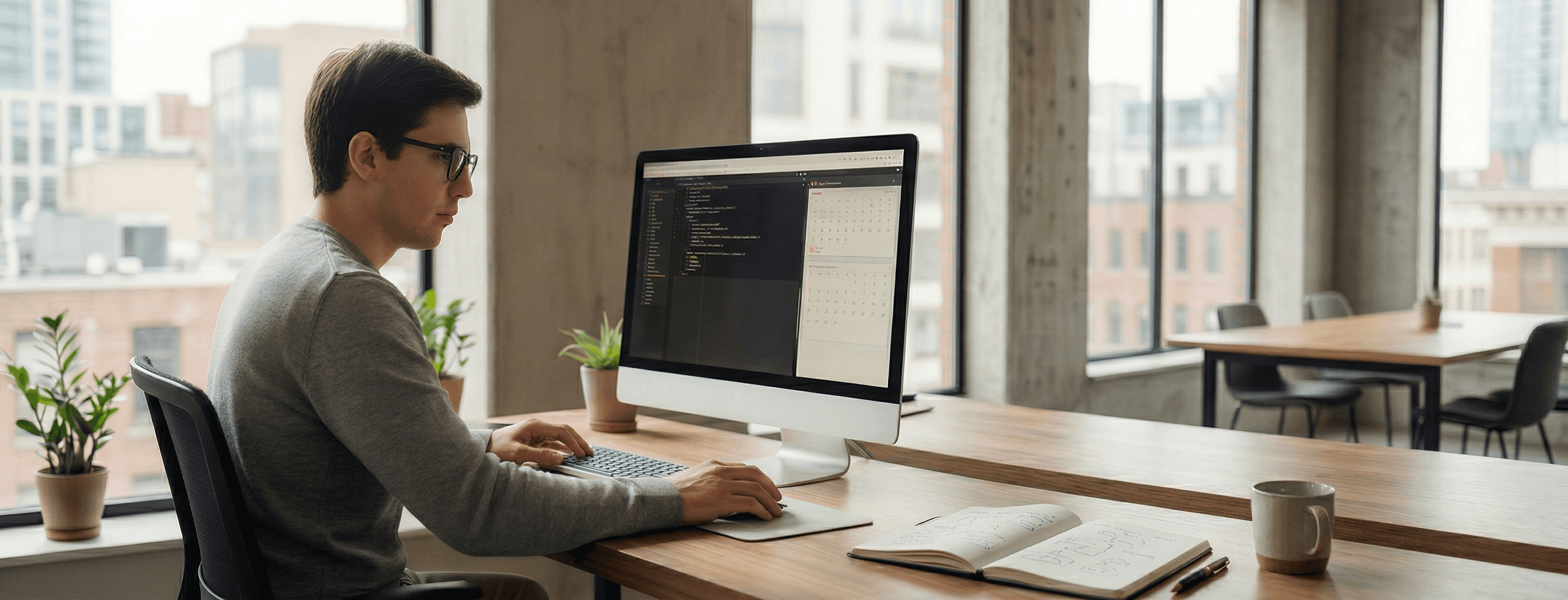 Personne travaillant sur un ordinateur de bureau dans un espace de travail lumineux, avec du code affiché à l’écran