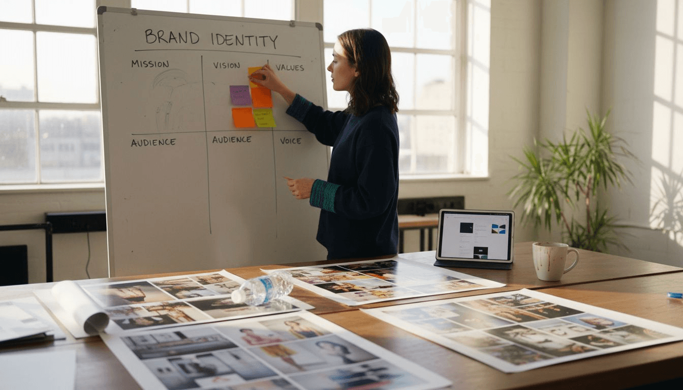 Brand strategist working on identity board