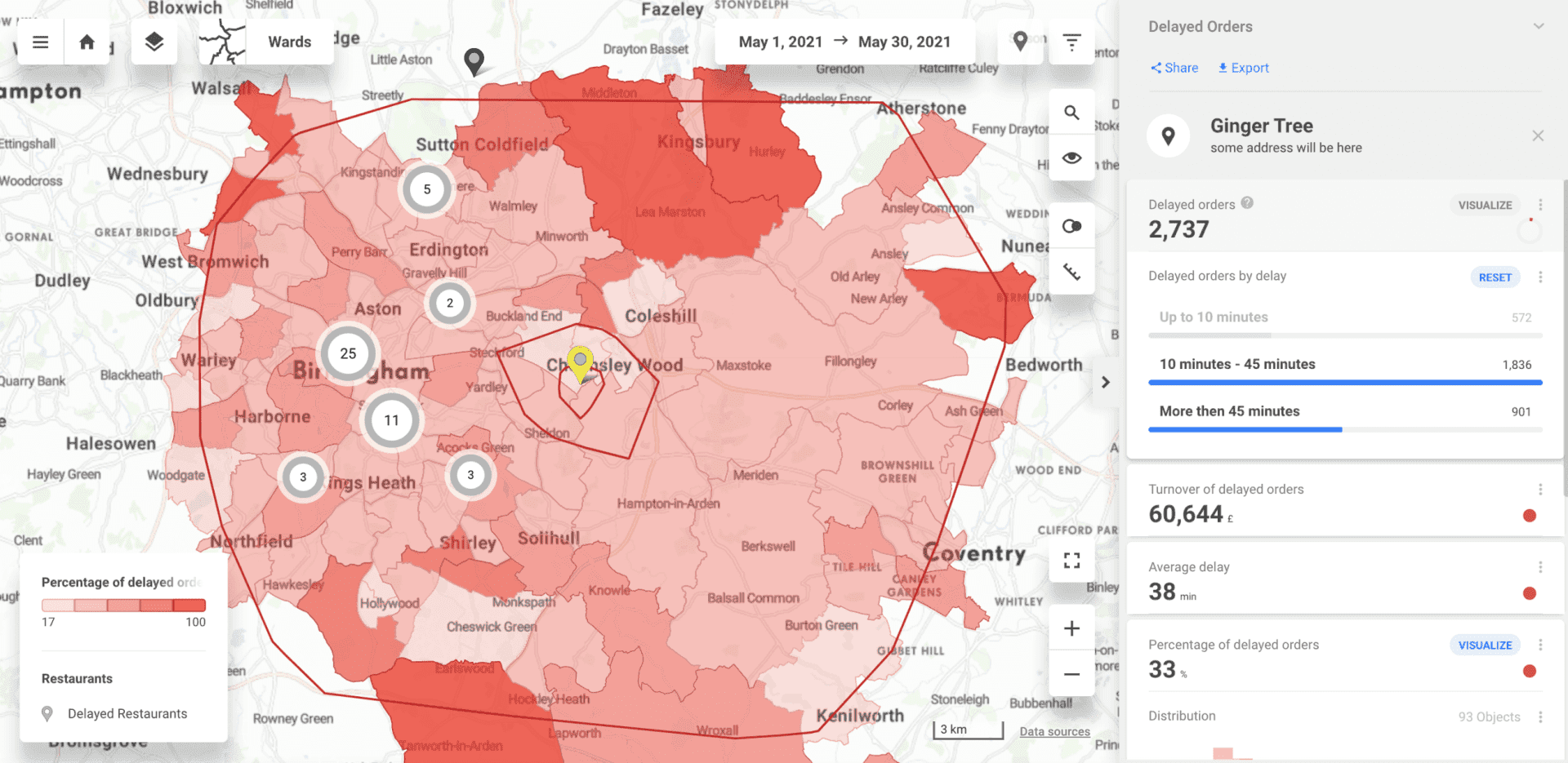 Map of delayed orders in general and for specific restaurants.