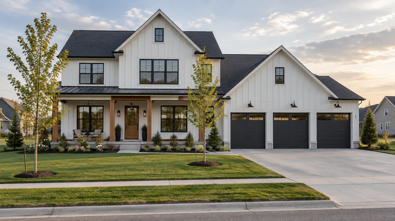 Illustrative photo: Modern farmhouse on a new suburban street. Not a property listing.