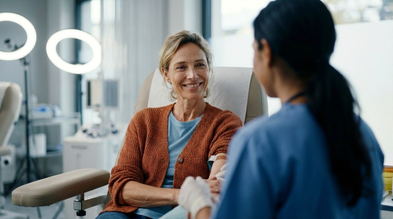 Older lady having blood drawn by a doctor