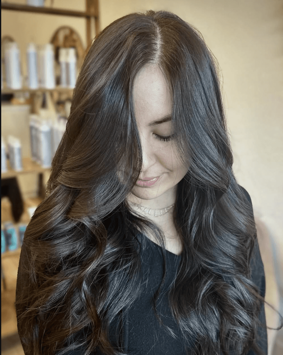 Rich chocolate brunette color by Marlie Allen at Del Sol Hair Studio Huntington Beach