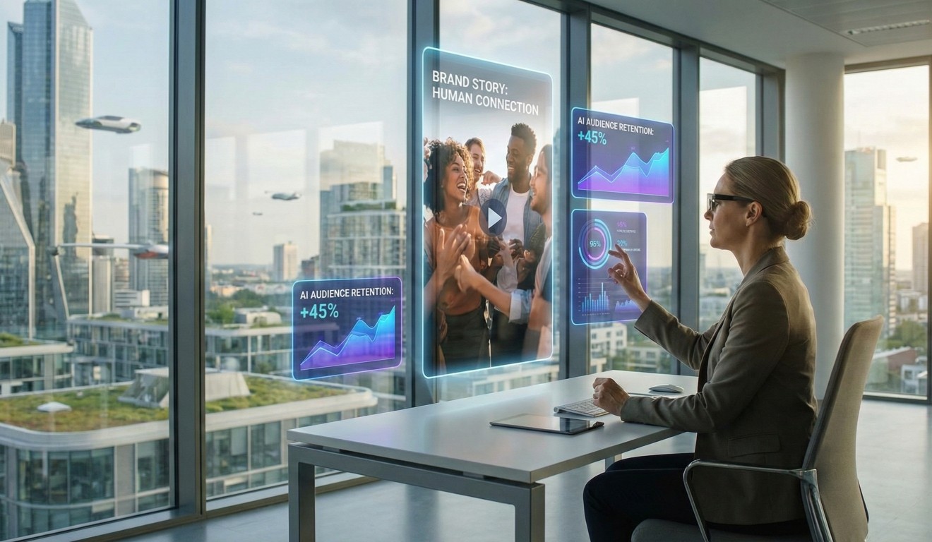Uma mulher em um escritório futurista com grandes janelas panorâmicas interage com telas holográficas flutuantes. Ela usa óculos inteligentes e gesticula para um painel central que exibe um vídeo com pessoas e o texto "BRAND STORY: HUMAN CONNECTION". Telas menores ao lado mostram gráficos e dados sobre "AI AUDIENCE RETENTION: +45%". Ao fundo, uma paisagem urbana avançada com arranha-céus e veículos voadores.