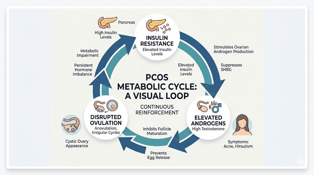 PCOS metabolic cycle showing insulin resistance and hormonal disruption