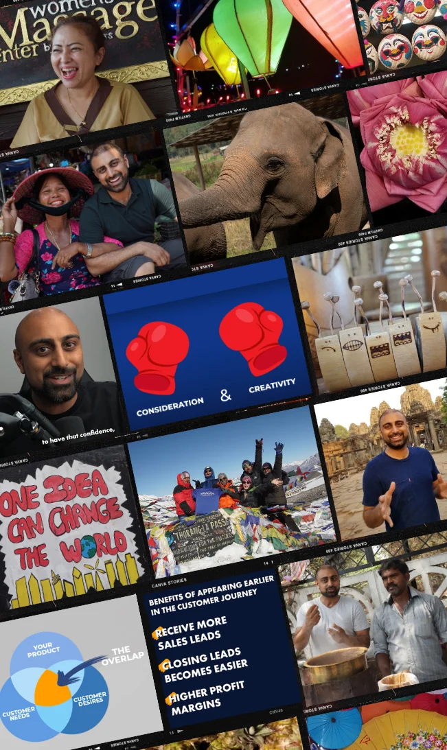 Travel and business-themed photo collage featuring people, elephant, market scenes, boxing gloves, diagrams, flowers, and customer journey text graphics.