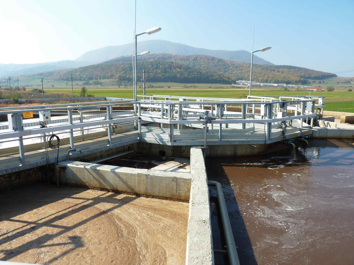 Treatment basins with the hills behind at the ATEV industrial wastewater plant, Mátyásdomb, Hungary
