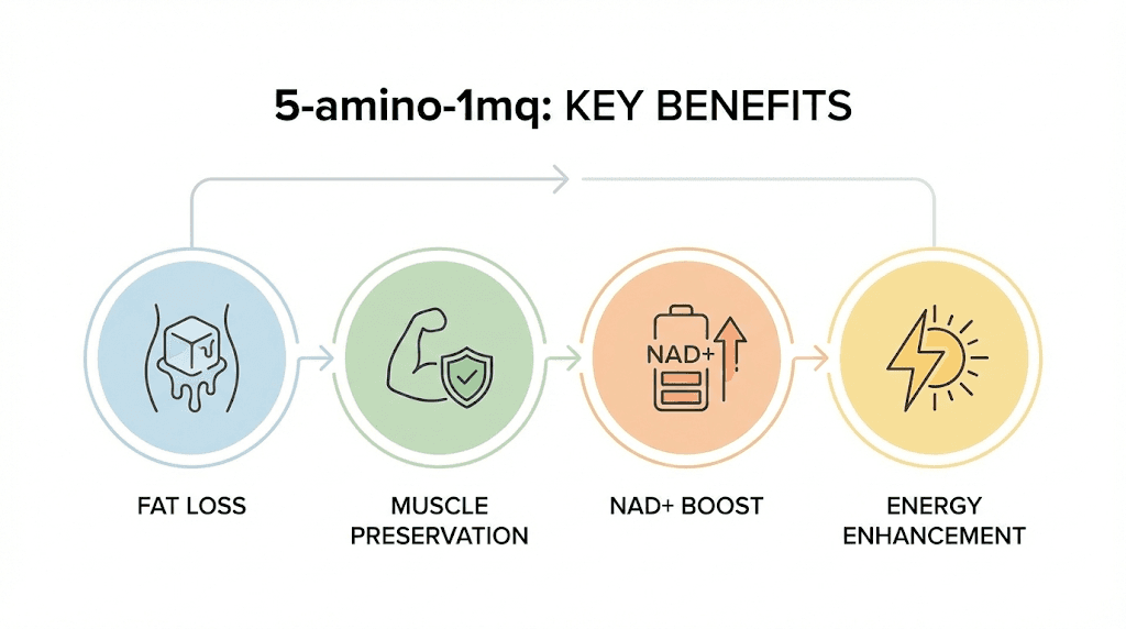 5-amino-1mq benefits summary showing fat loss muscle preservation and energy