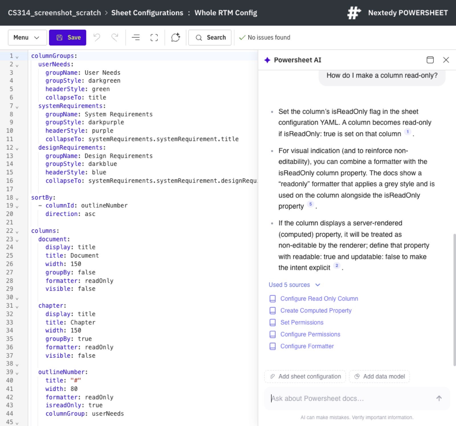 The ✦ Powersheet AI panel answering a configuration question beside the sheet configuration YAML, with numbered citations to the documentation pages it drew on.