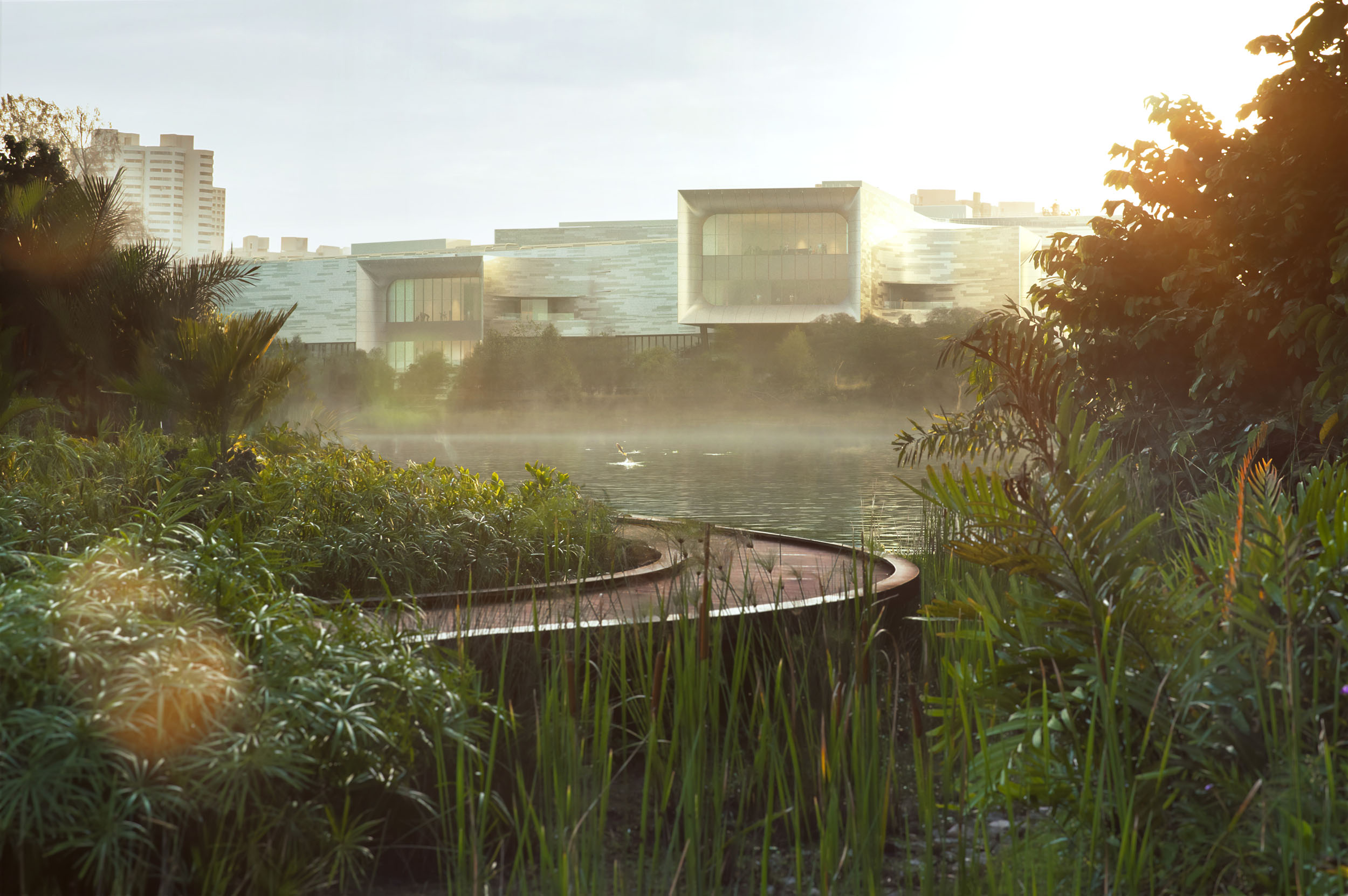 Architectural render of a modern building by water.