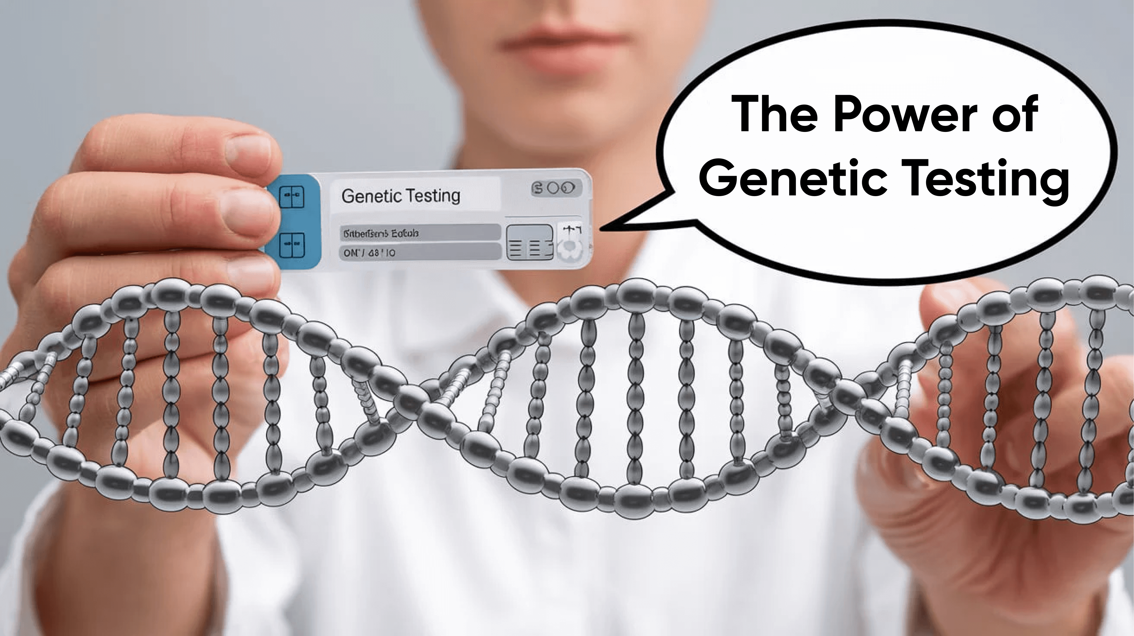 Person holding genetic testing kit with DNA double helix in the foreground