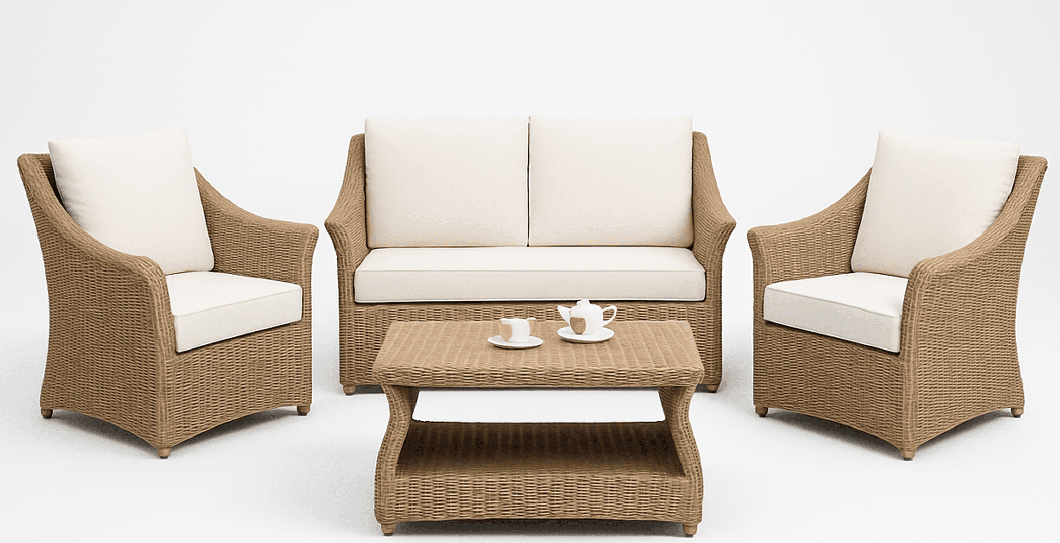 A photo of sofa with 2 chairs and a coffee table with white cushion