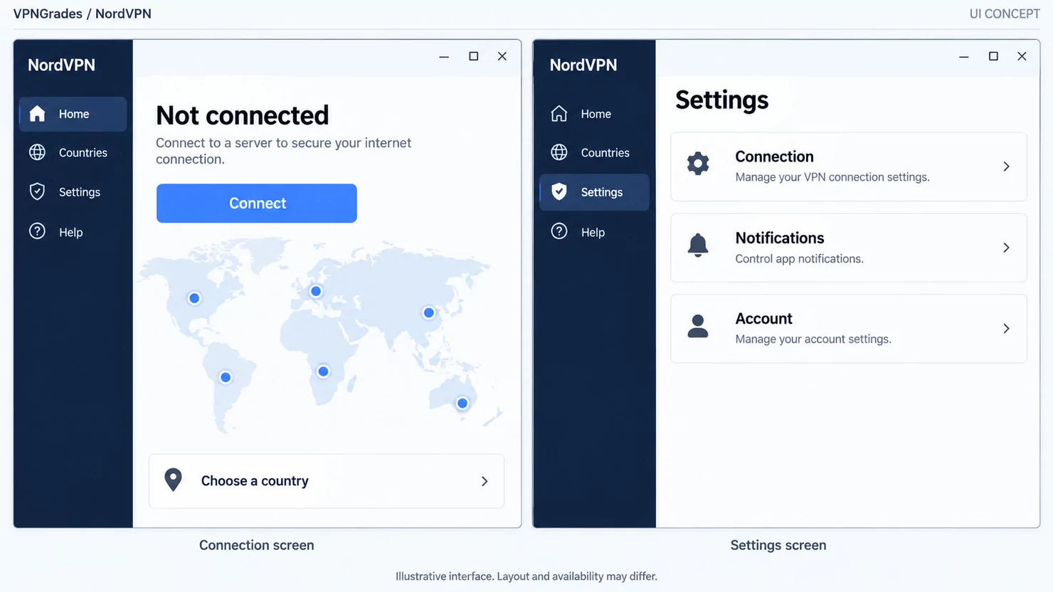 NordVPN: illustrative connection and settings views.