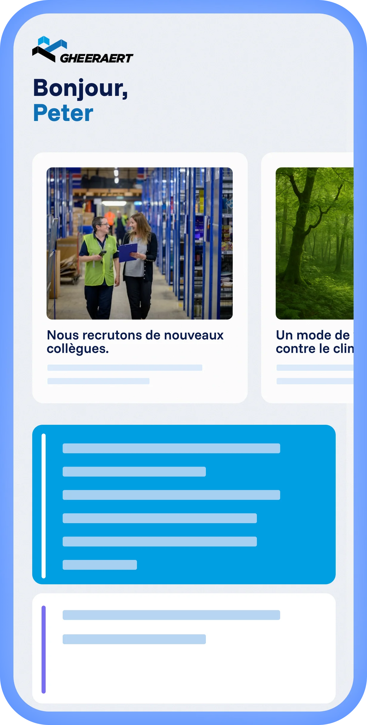 Plateforme Spencer avec expérience locale et branding Van Laere personnalisé, fil d’articles personnalisé et mise en page claire