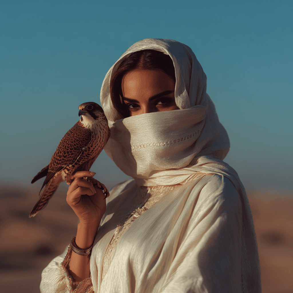 Arabian women with eagle in one hand and veil portrait