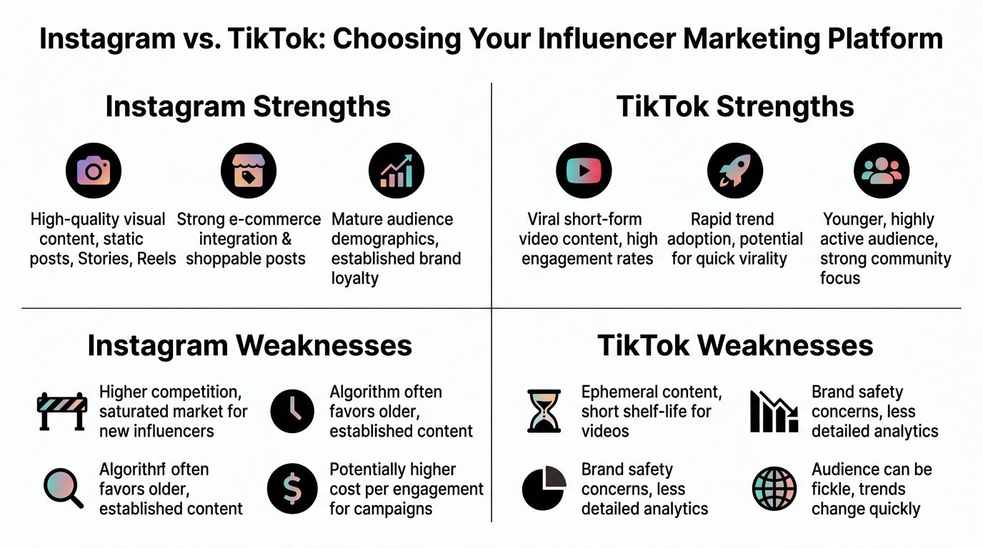A comparison chart outlining the key strengths and weaknesses of influencer marketing on Instagram versus TikTok platforms.