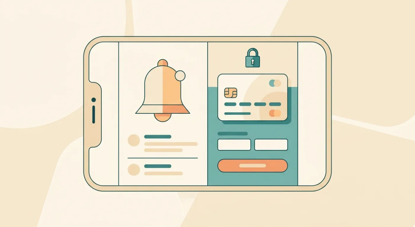 Vibe coding prompts for payments and push notifications shown as a payment sheet and notification bell on a phone