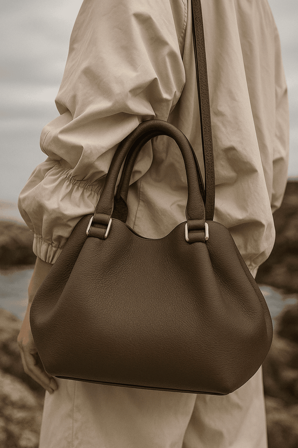 Close-up of a dark brown leather handbag with gold hardware, worn on the arm of a person in a gathered beige jacket, with a rocky shoreline in the background.