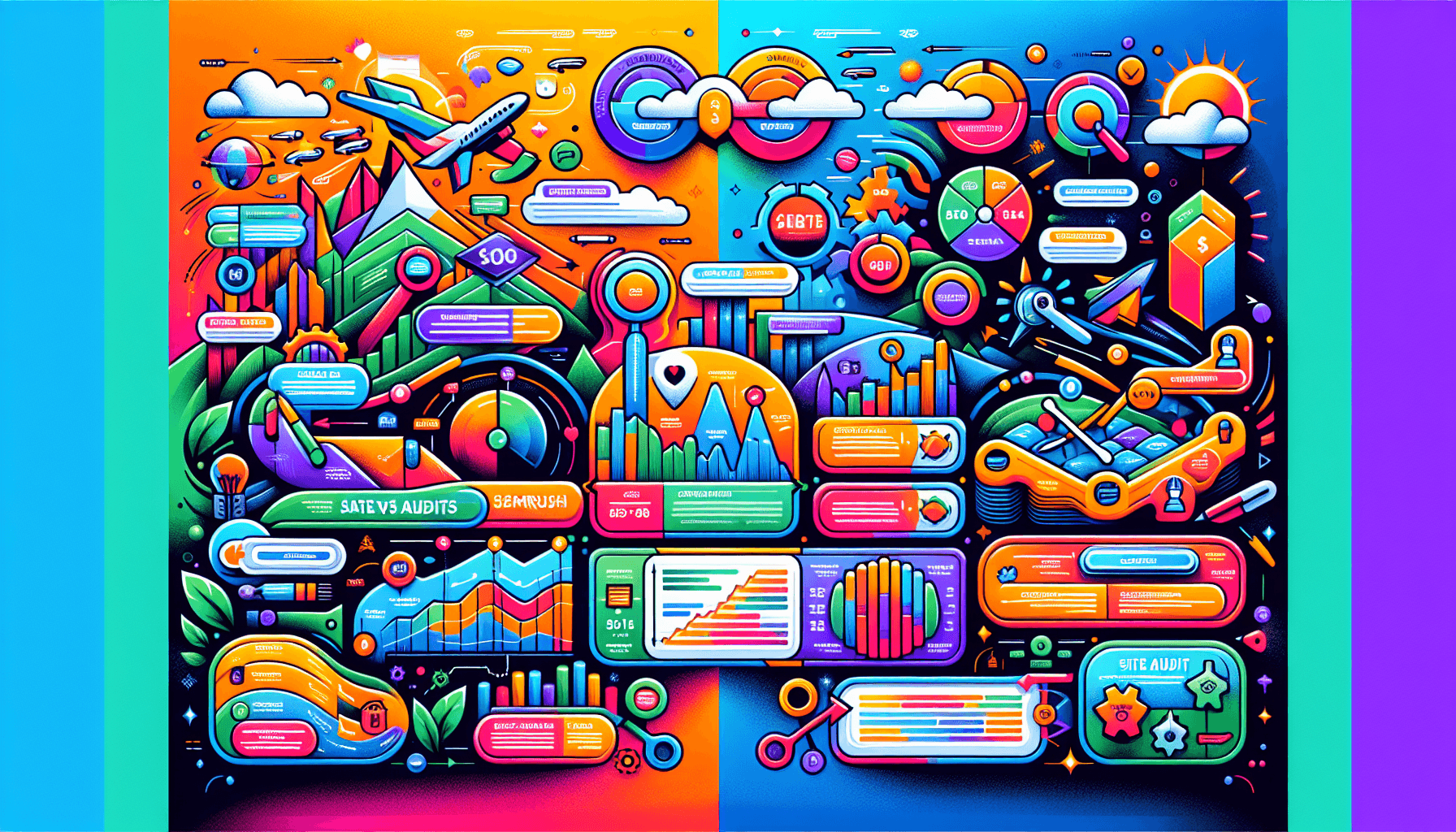 An illustration comparing Semrush and Surfer SEO as SEO tools.