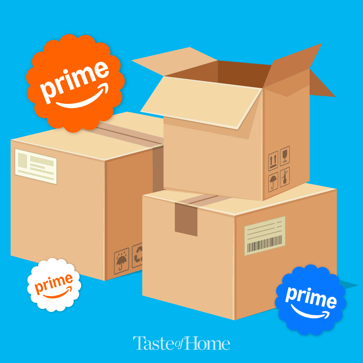 Art for Prime and Walmart Sales — Taste of Home campaign illustration featuring delivery boxes and colourful Prime badges.