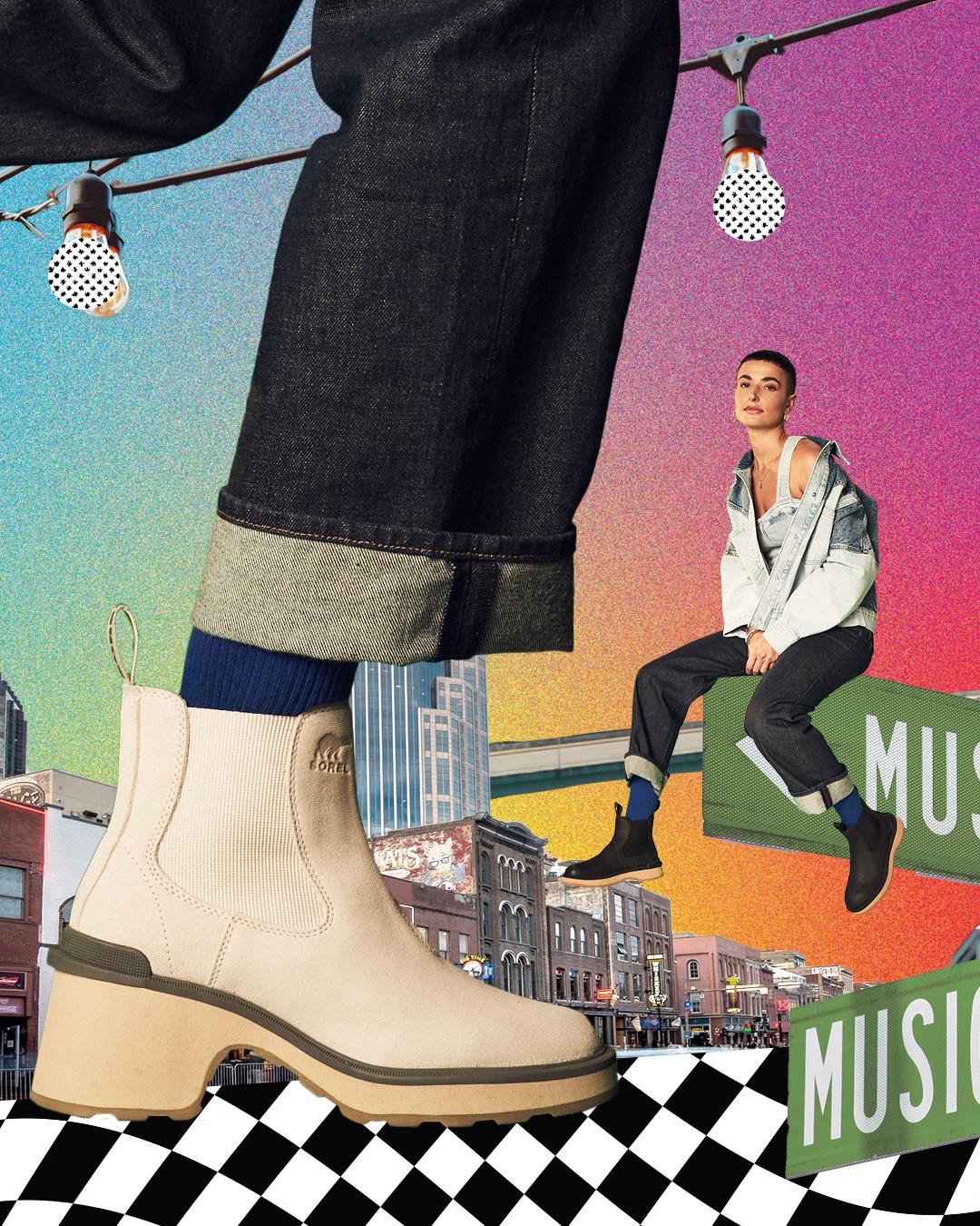 A model poses in a green screen animated take on Nashville. Photo produced by Shahed Khaddash.