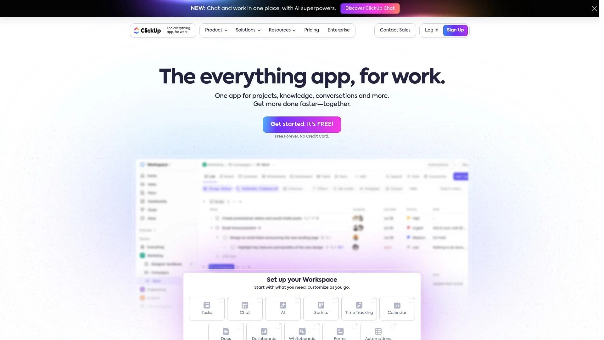 ClickUp workspace interface showing customization options with icons for Tasks, Chat, AI, Sprints, Time Tracking, and other workspace tools beneath the tagline 'The everything app, for work.'