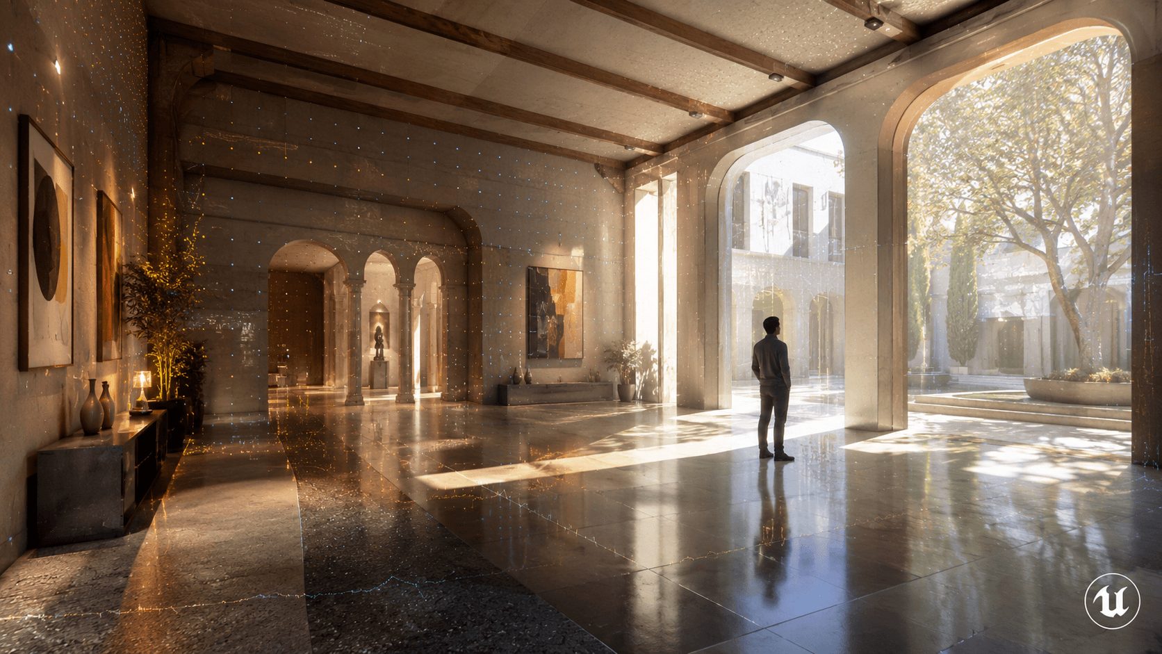Architectural interior showing soft global illumination, reflections, and light-field dots for Lumen Lite.