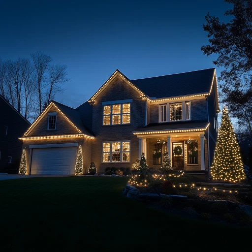 Professional Christmas light installation on a home in Chester County, PA, with roofline lights and outdoor tree decorations.