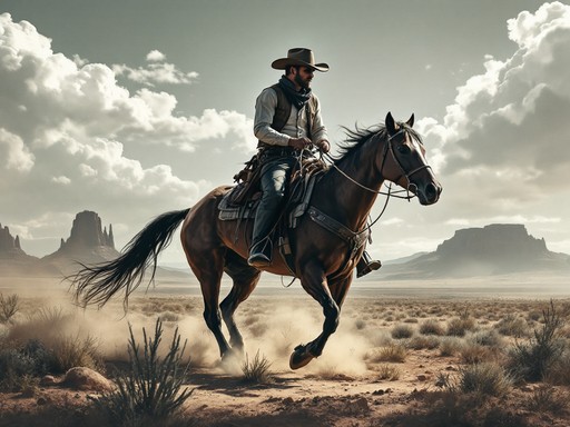 A cowboy riding a horse through the desert.