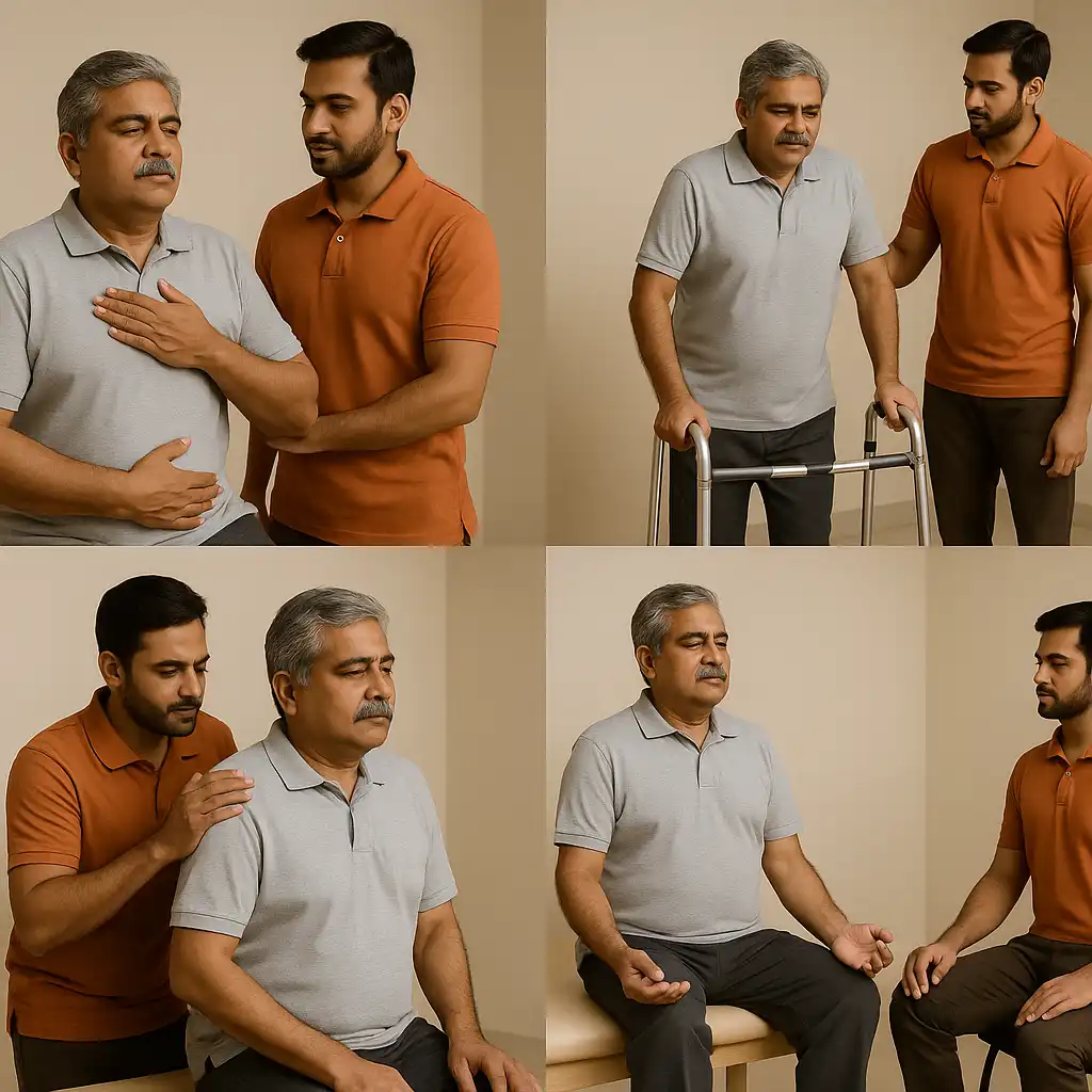 Elderly man receiving assisted breathing support during COPD rehabilitation, guided by a physiotherapist for improved lung function.