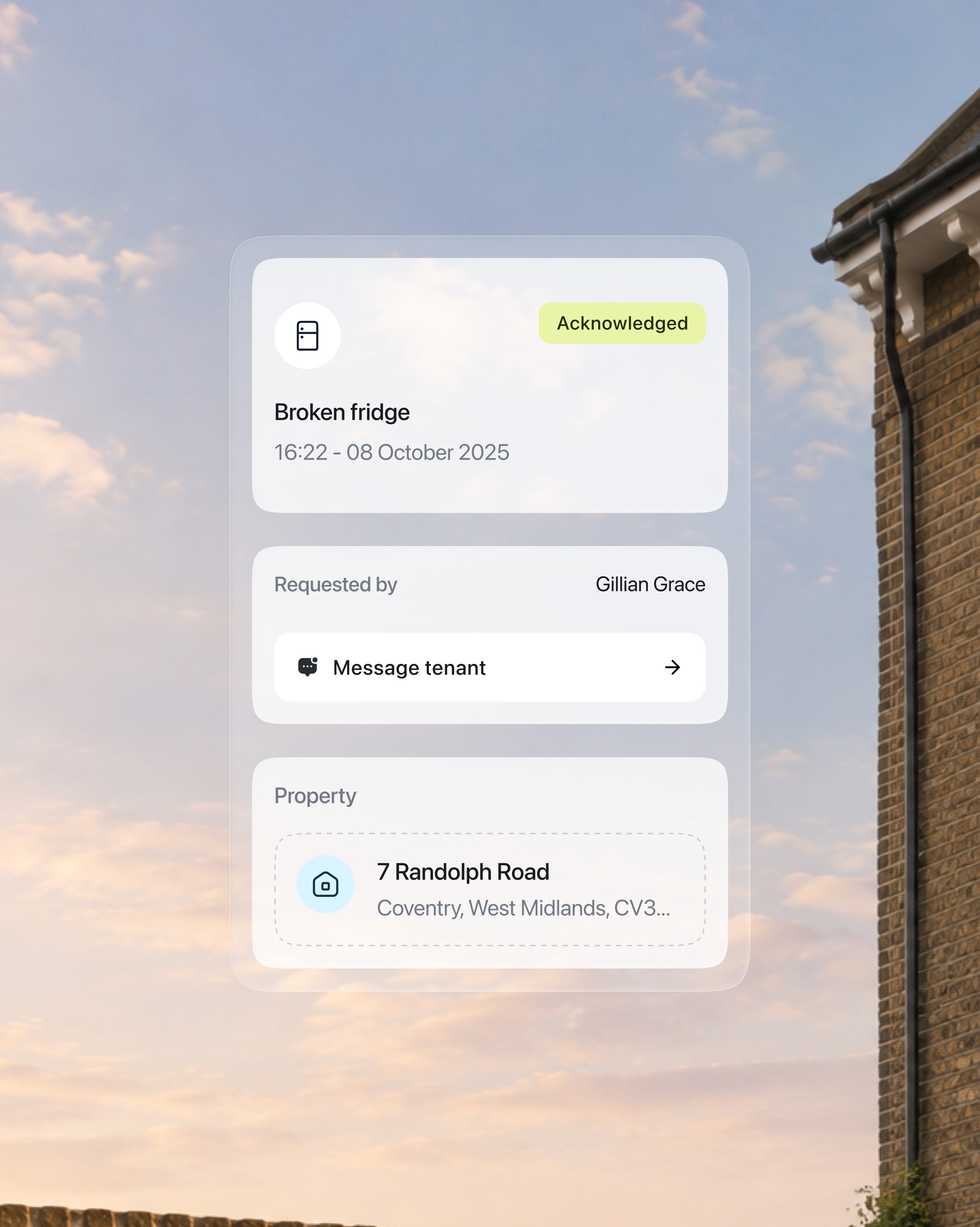 ugust conversation linked to a property and a maintenance issue for a UK landlord