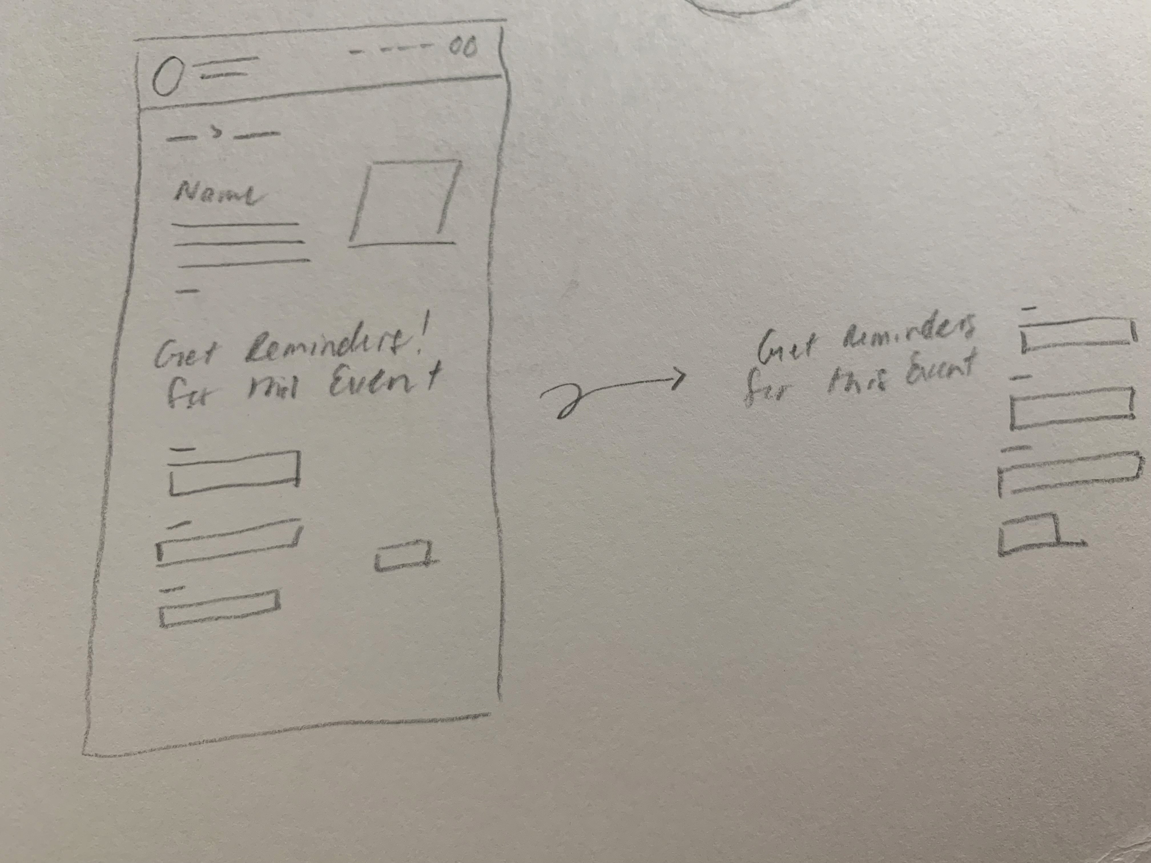 Low fidelity wireframe of Events/Calendar Page