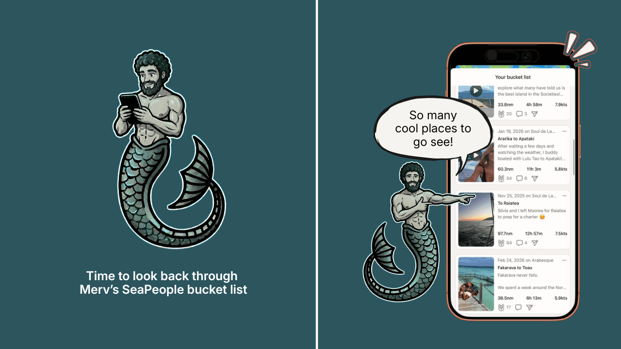 SeaPeople merman browsing saved trips in the Bucket List feature