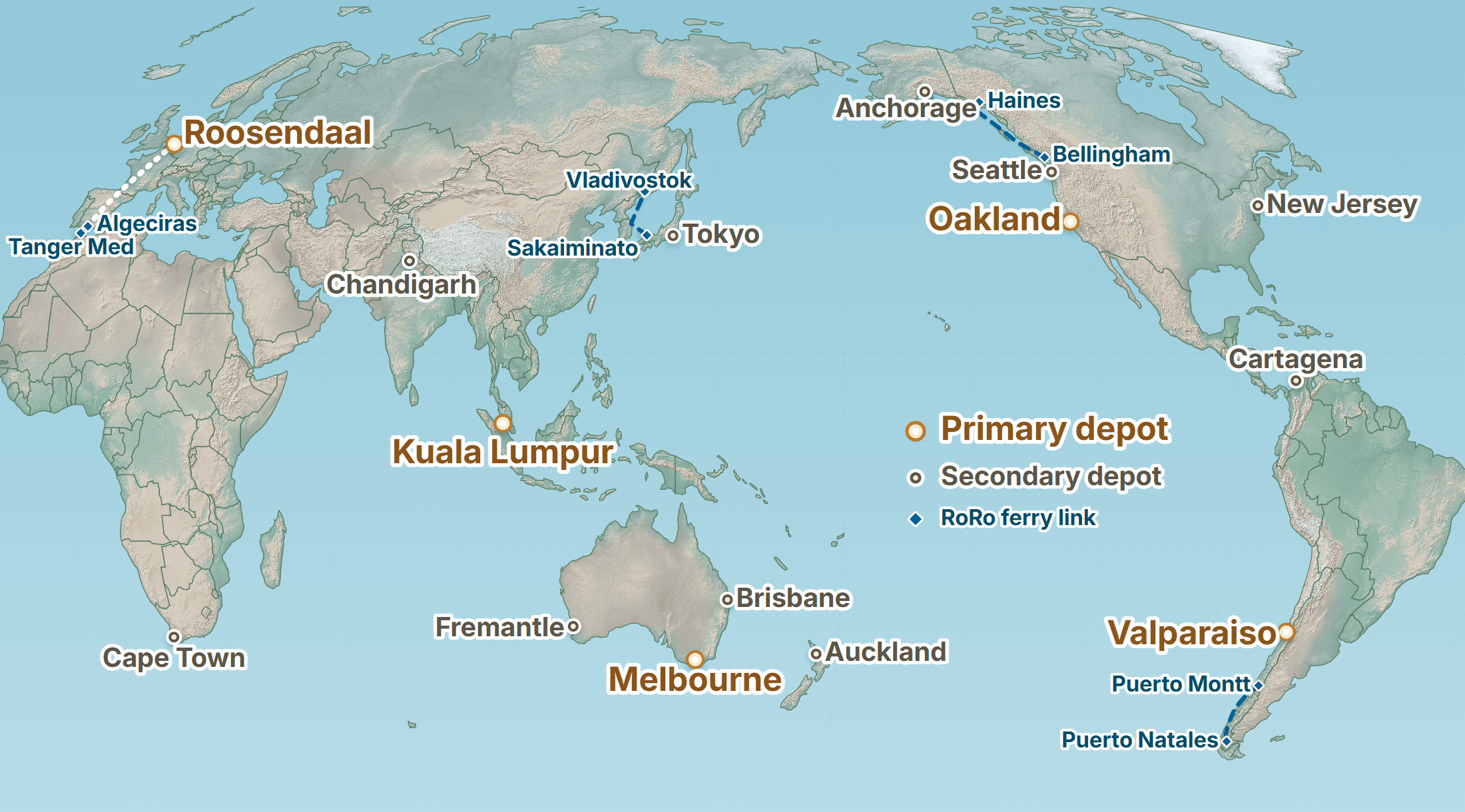Own Bike Odyssey global depot network map showing primary and secondary motorcycle shipping depots