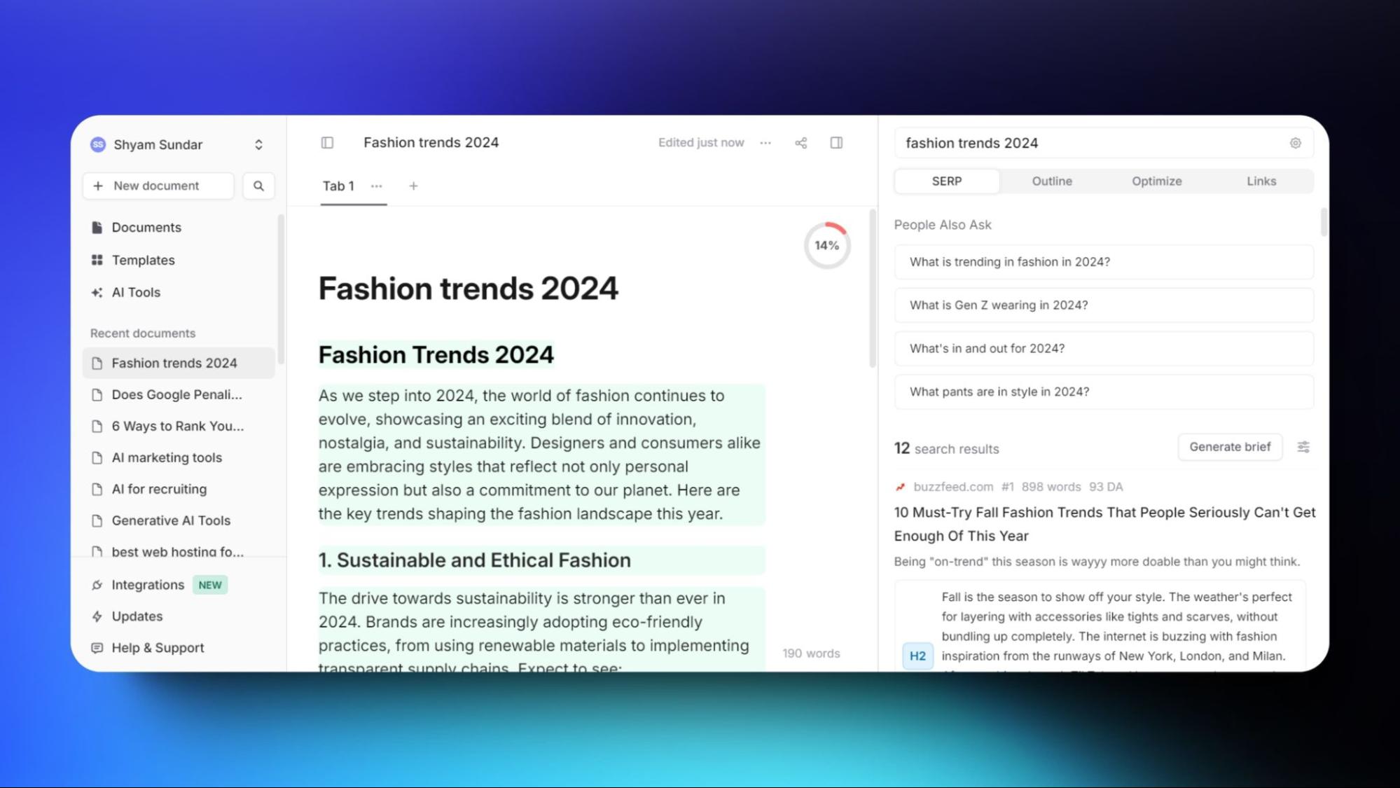 Screenshot of a document in an AI writing tool discussing fashion trends for 2024, featuring SEO suggestions and SERP results for competitive analysis.