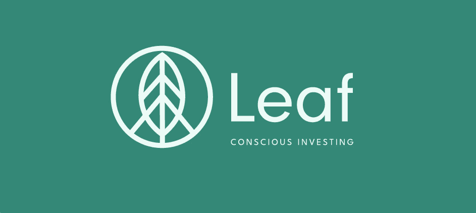 An image of a white logo from Leaf a sustainable investing company on a dark green background