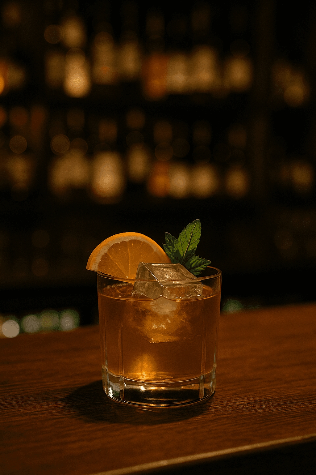 Crafted Asian-inspired cocktail with citrus and herbs on a wooden bar top, captured with warm tungsten lighting and cinematic depth — premium hospitality drink photography.