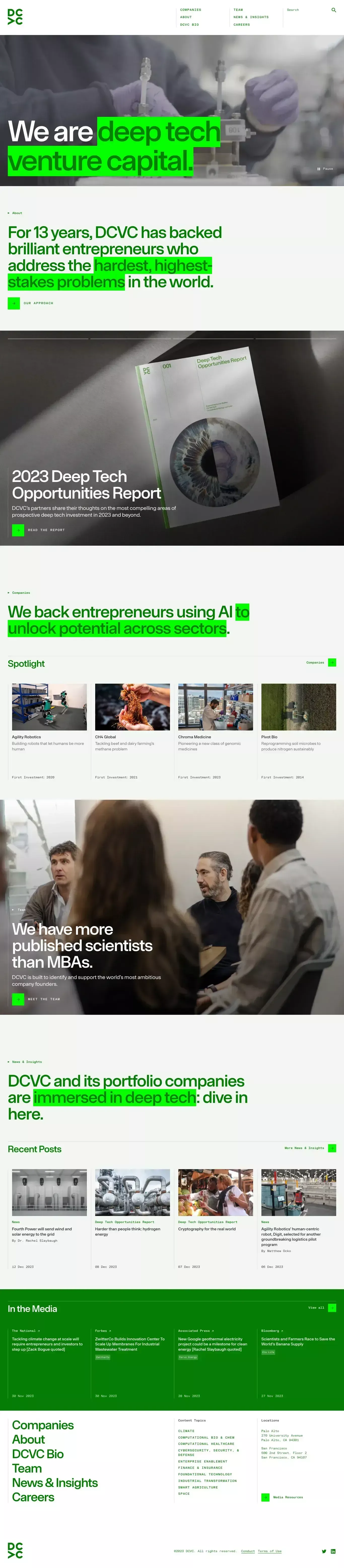 DCVC landing page screenshot showcasing Tech and Finance design