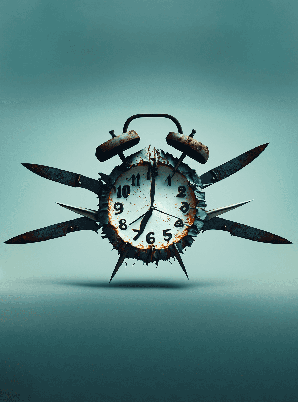 A horror style clock sprouting knives BG