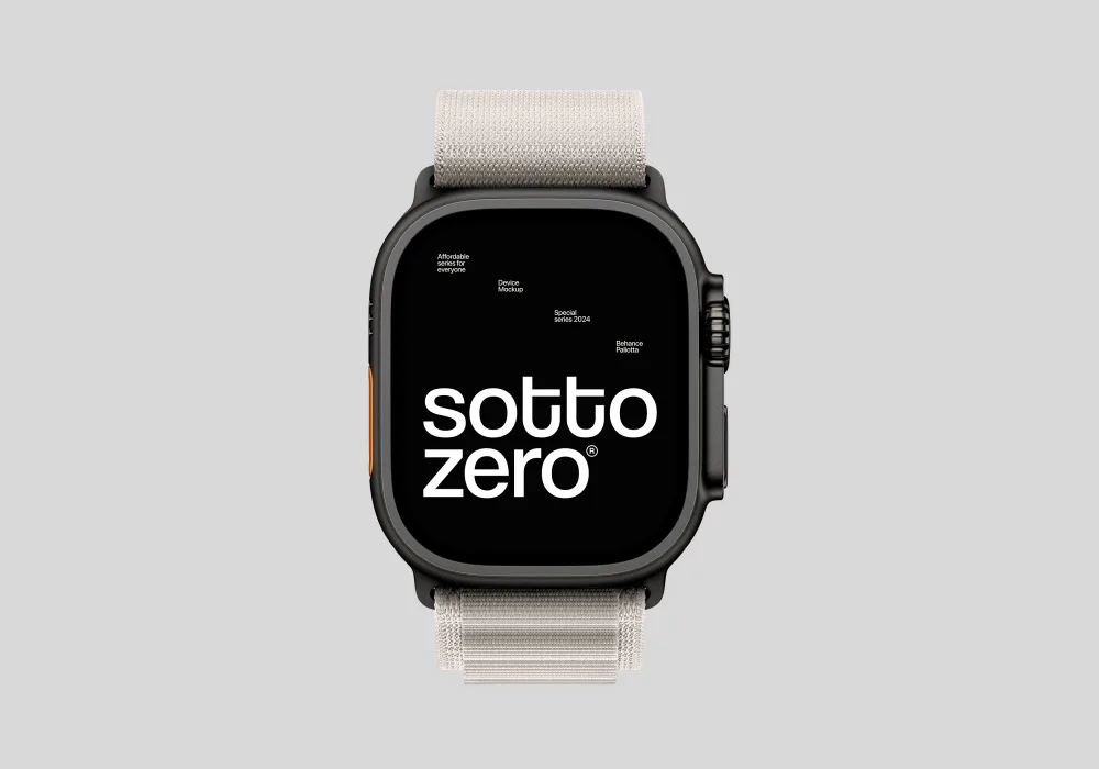 Smartwatch mockup featuring a black bezel and beige fabric strap on a light gray background. The screen displays a minimal design with white text and branding elements.