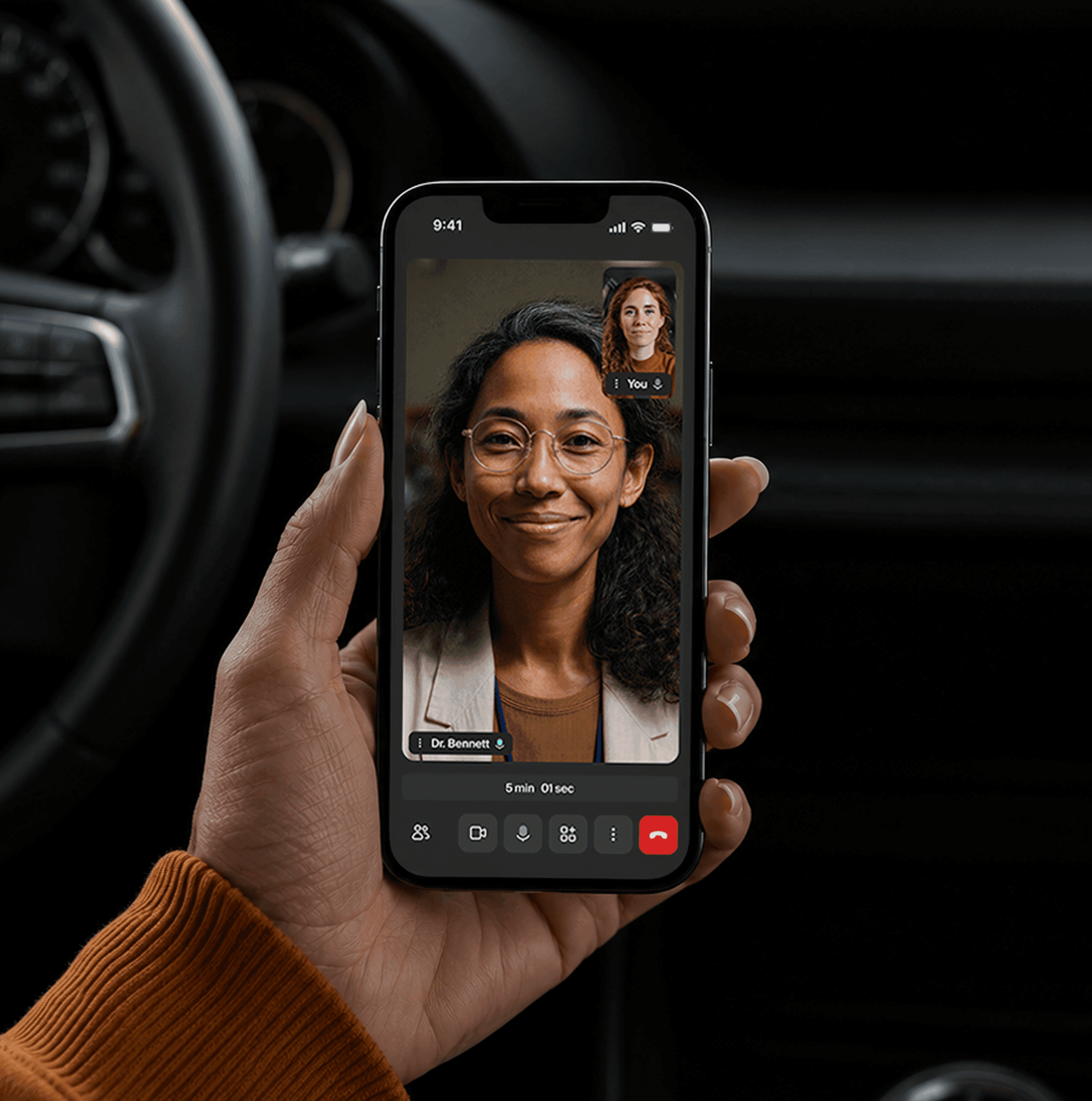a interface de chamada do doxy.me em um smartphone durante uma chamada dentro de um carro.