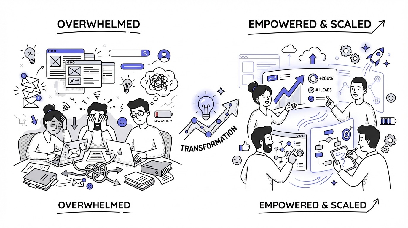 An illustration showing a marketing team's journey. On the left, three diverse team members appear stressed and overwhelmed at cluttered desks, surrounded by chaotic digital data. On the right, the same team is empowered, confident, and collaboratively engaging with clear, organized holographic tech dashboards in a bright, clean workspace, symbolizing growth and efficiency.