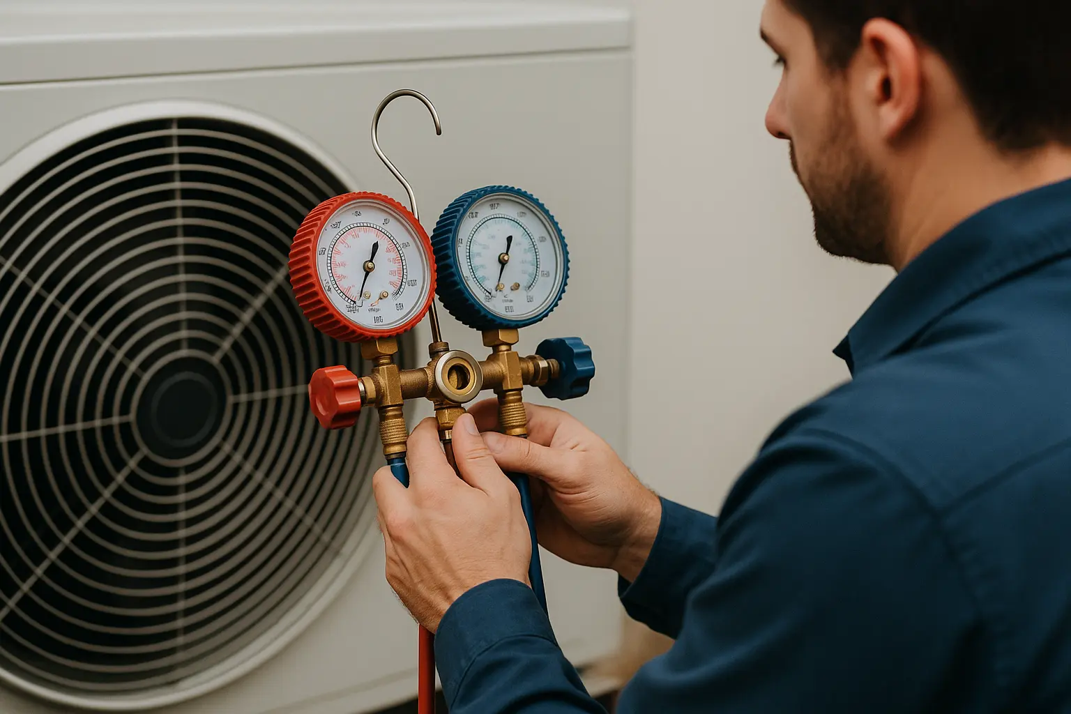 Technician using pressure gauges on heat pump for maintenance and repair service.