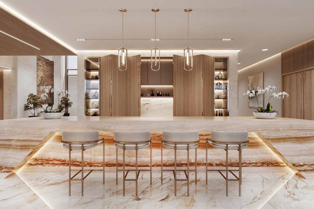 A modern South Bay kitchen featuring elegant marble countertops and a sleek marble design throughout.