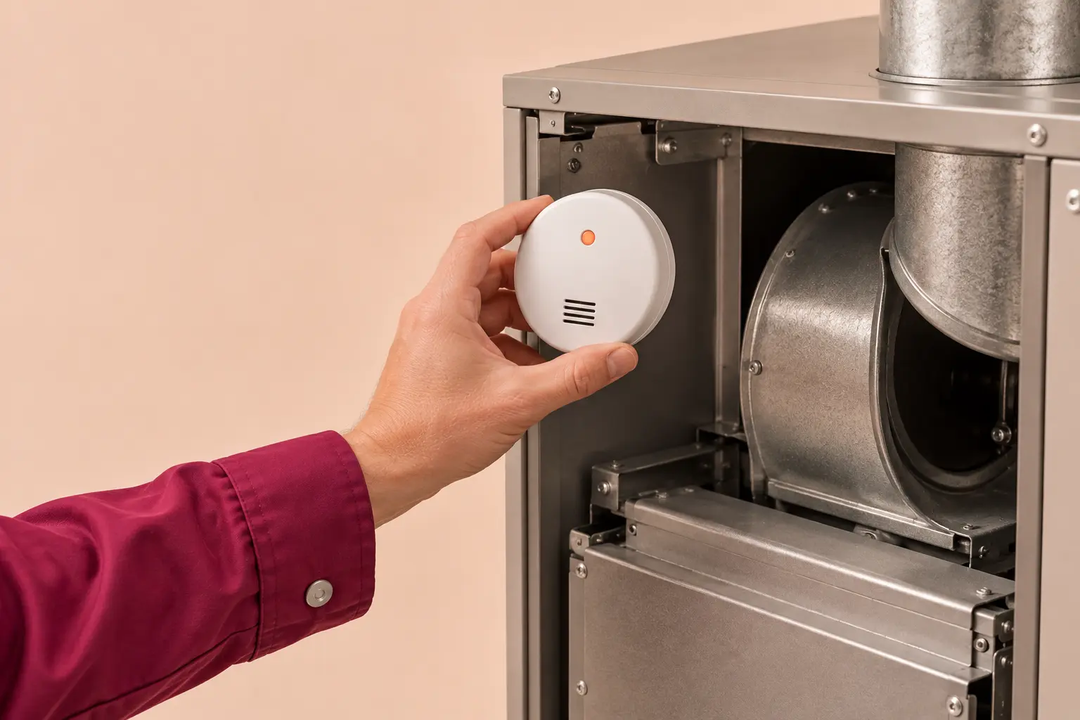 Technician holding a carbon monoxide detector beside an open furnace
